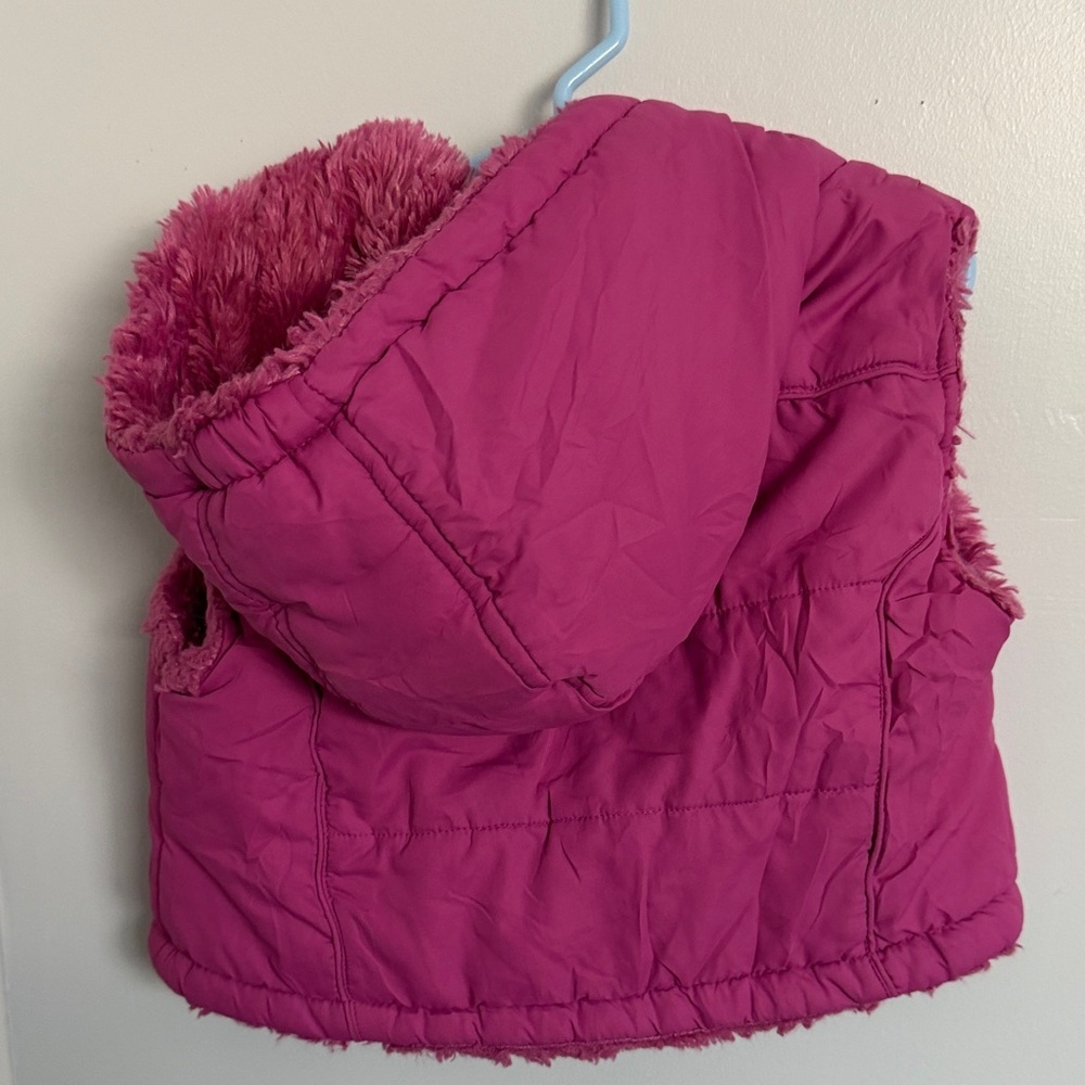 Girls' Magenta Puffer Vest with Hood Pom-Poms - Picture 3 of 7